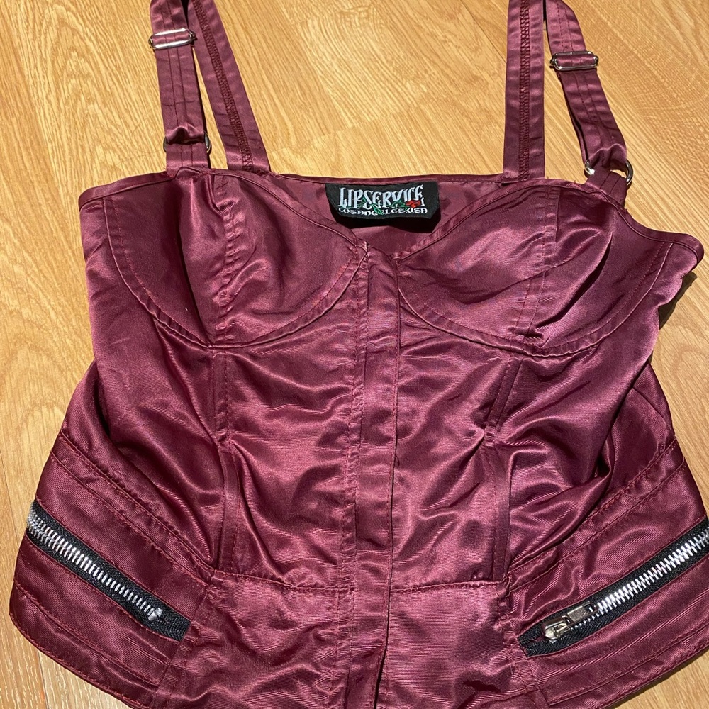 Lip service corset with hidden zipper and exposed zipper details